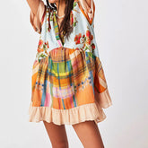 Floral Print Short Sleeve V-Neck Ruffled Hem Loose Mini Dress with Pockets